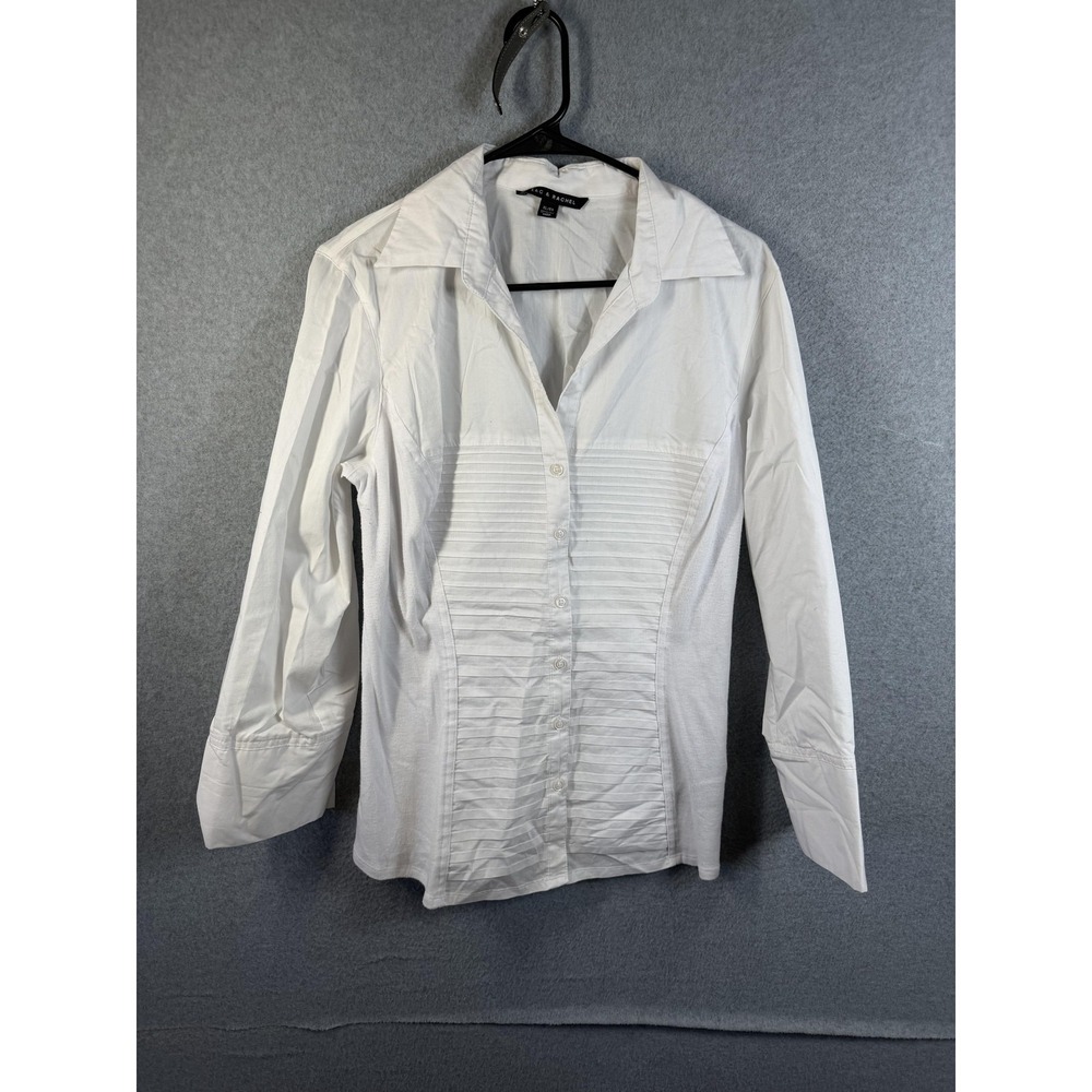 Zac & Rachel Shirt Womens XL White Pleated Button Up Long Sleeve Stretch Top